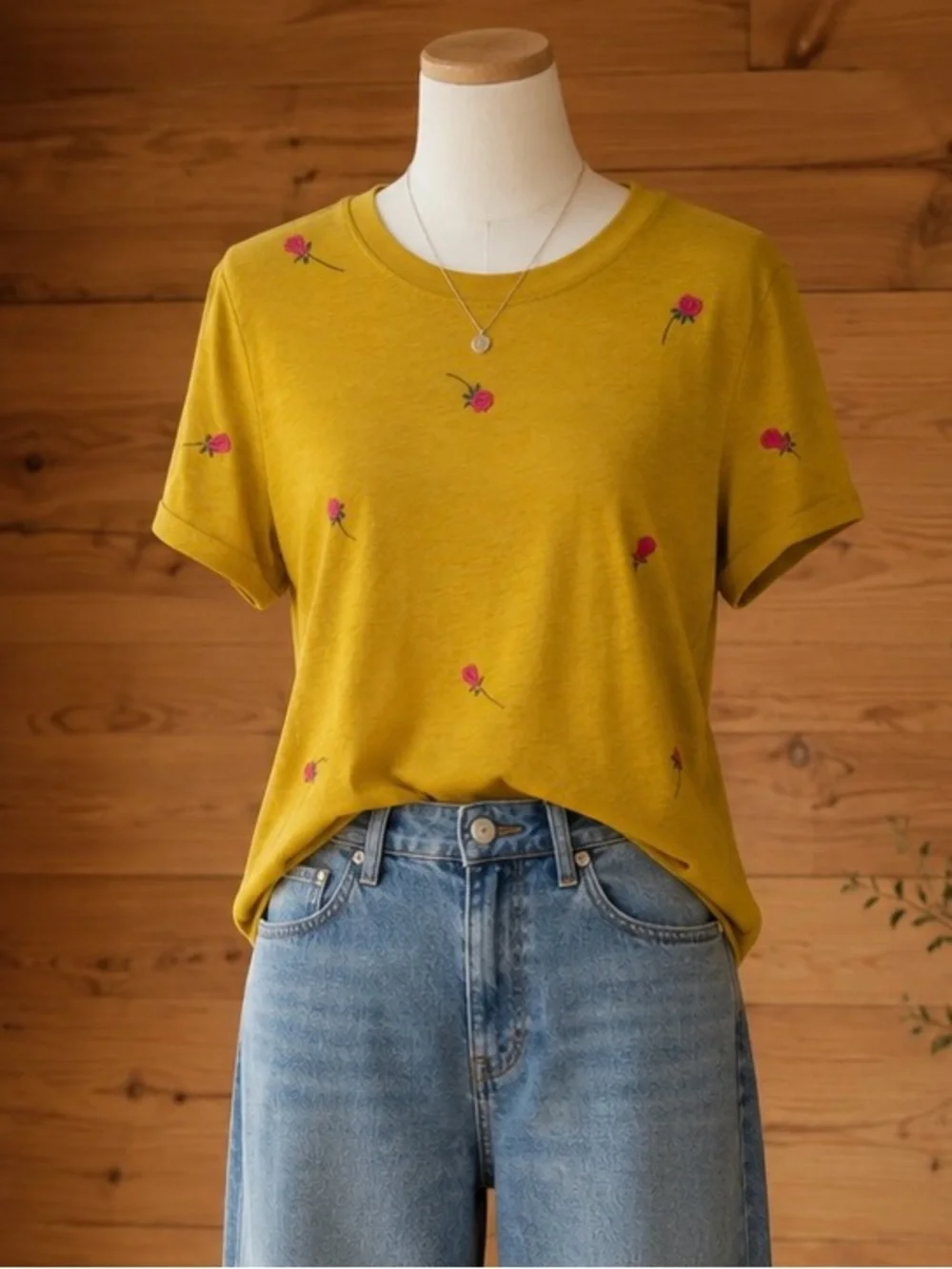 J. Crew Mustard Yellow Short Sleeve Tee with Pink Floral Embroidery